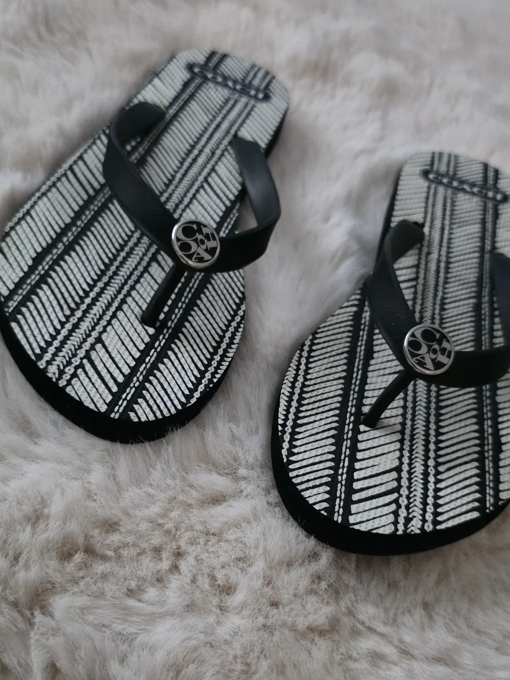 COACH Black and White Patterned Flip Flop Sandals
